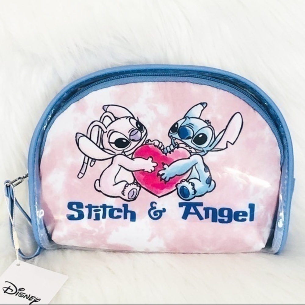 Disney Stitch & Angel 2pc Cosmetic Makeup Bag Set Pink Tie Dye Travel Pouches